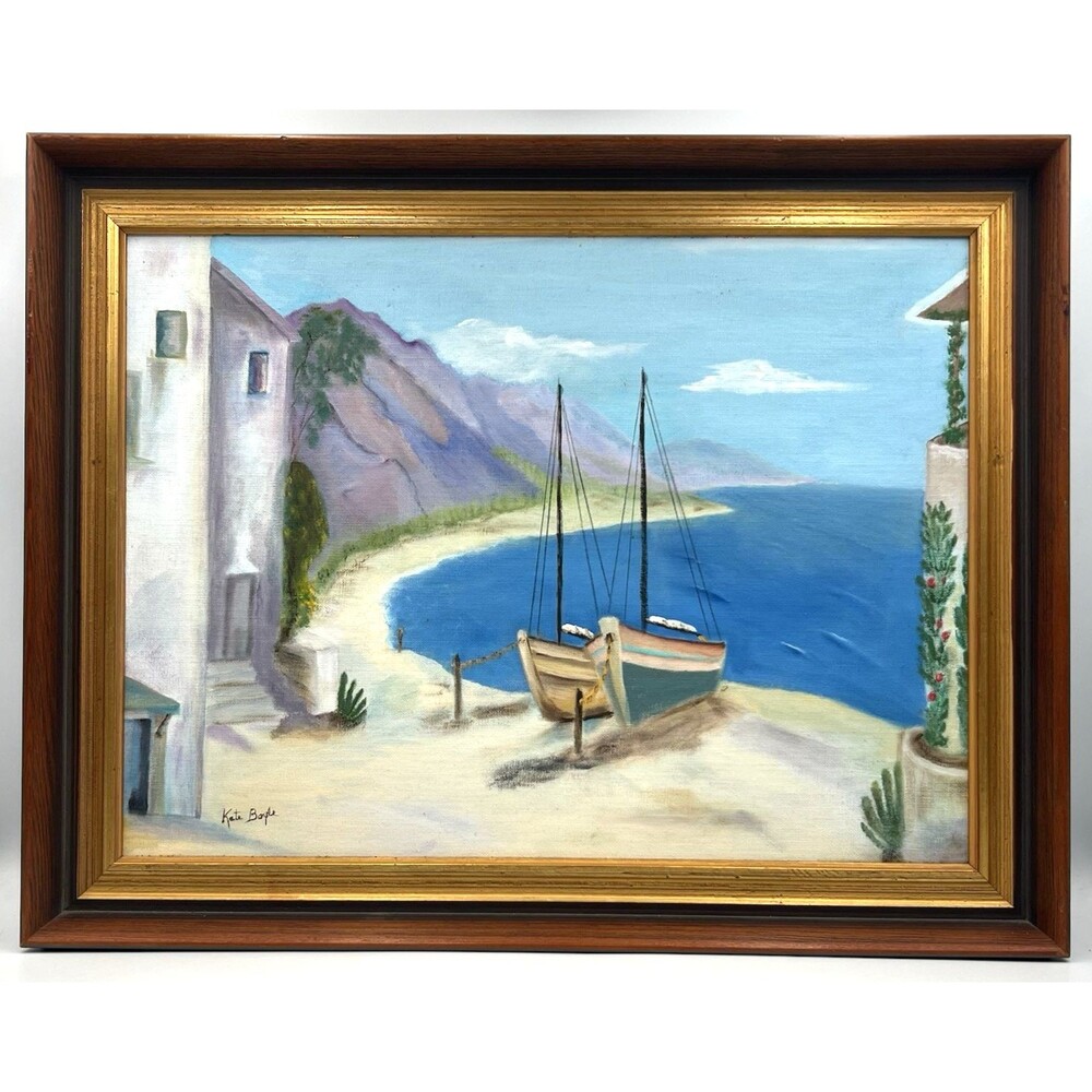 Framed Original Painting Kate Boyle Mediterranean Coast Sailboats 19x15